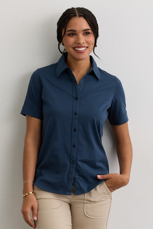 Women's 100% Organic Cotton Short Sleeve Knit Button Down Shirt - Indigo