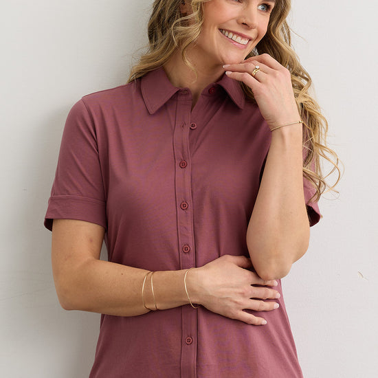 Women's 100% Organic Cotton Short Sleeve Knit Button Down Shirt - Soft Plum