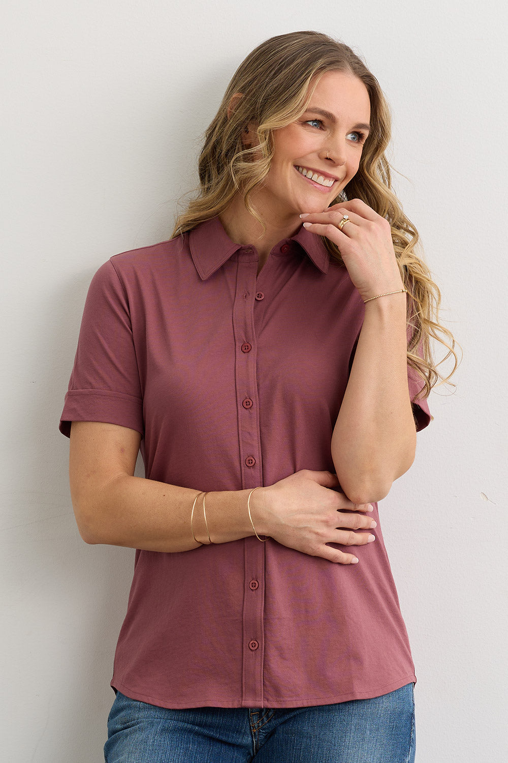 Women's 100% Organic Cotton Short Sleeve Knit Button Down Shirt - Soft Plum