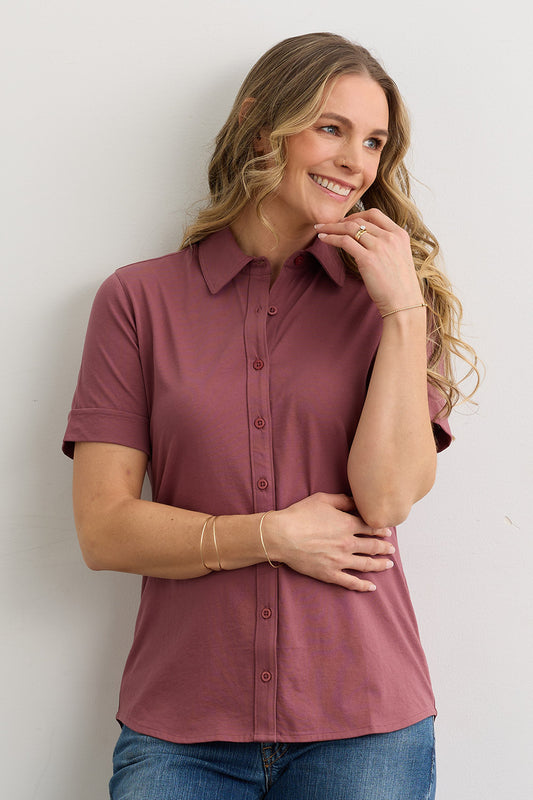 Women's 100% Organic Cotton Short Sleeve Knit Button Down Shirt - Soft Plum