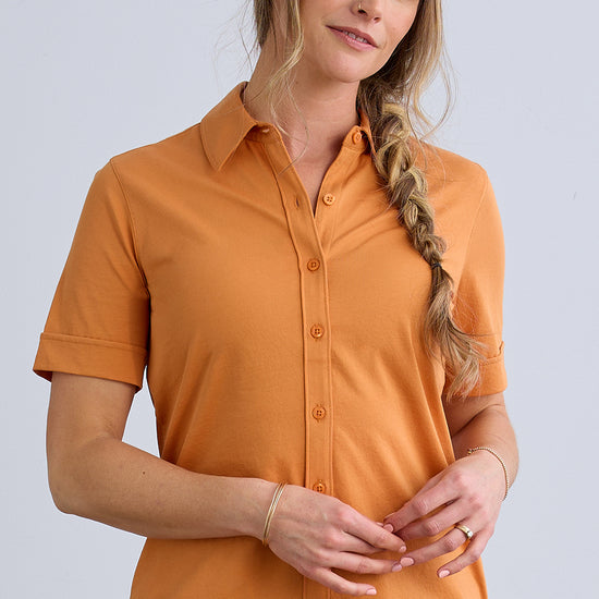 Women's 100% Organic Cotton Short Sleeve Button Down Shirt - Tomato Cream