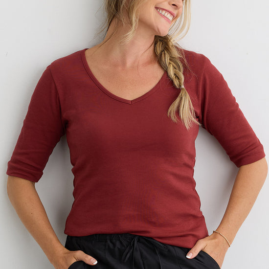 Women's Luxe 100% Organic Cotton Elbow Sleeve V-Neck Top - Auburn