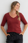 Women's Luxe 100% Organic Cotton Elbow Sleeve V-Neck Top - Auburn