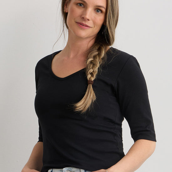Women's Luxe 100% Organic Cotton Elbow Sleeve V-Neck Top - Black