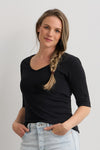 Women's Luxe 100% Organic Cotton Elbow Sleeve V-Neck Top - Black