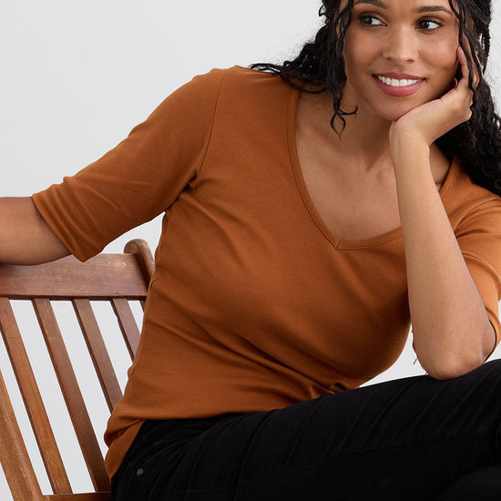 Women's Luxe 100% Organic Cotton Elbow Sleeve V-Neck Top - Cinnamon