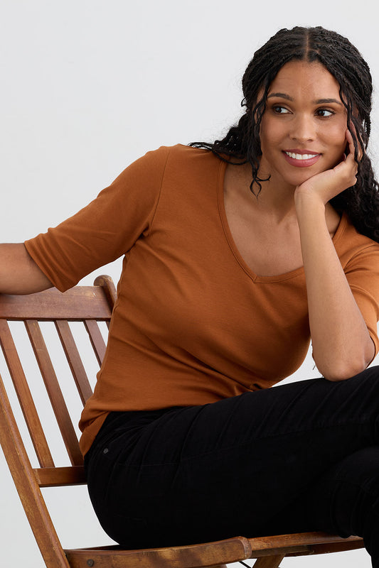 Women's Luxe 100% Organic Cotton Elbow Sleeve V-Neck Top - Cinnamon