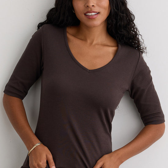Women's Luxe 100% Organic Cotton Elbow Sleeve V-Neck Top - Dark Chocolate