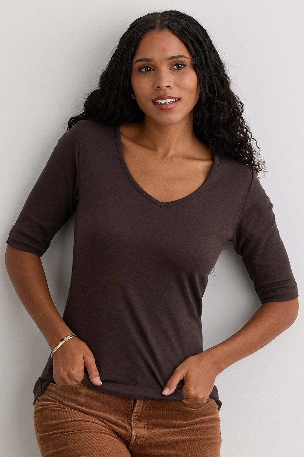 Women's Luxe 100% Organic Cotton Elbow Sleeve V-Neck Top - Dark Chocolate