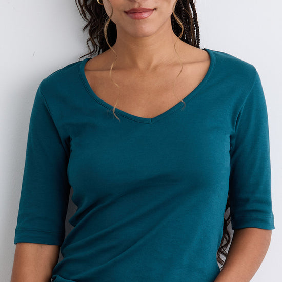Women's Luxe 100% Organic Cotton Elbow Sleeve V-Neck Top - Deep Teal