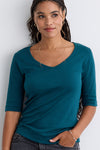 Women's Luxe 100% Organic Cotton Elbow Sleeve V-Neck Top - Deep Teal