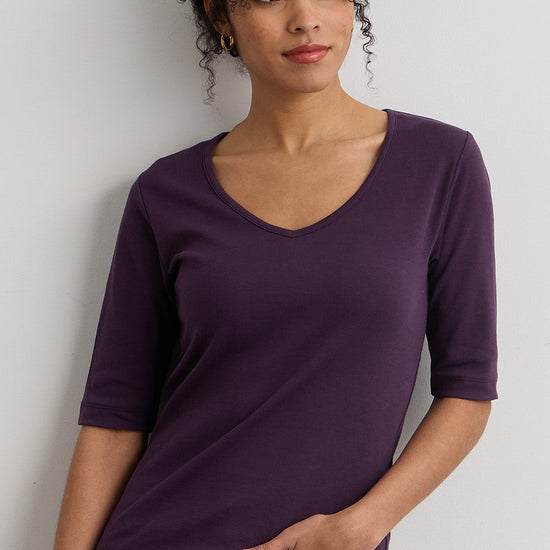 Women's Luxe 100% Cotton Half Sleeve V-neck Top - Eggplant