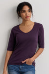 Women's Luxe 100% Cotton Half Sleeve V-neck Top - Eggplant