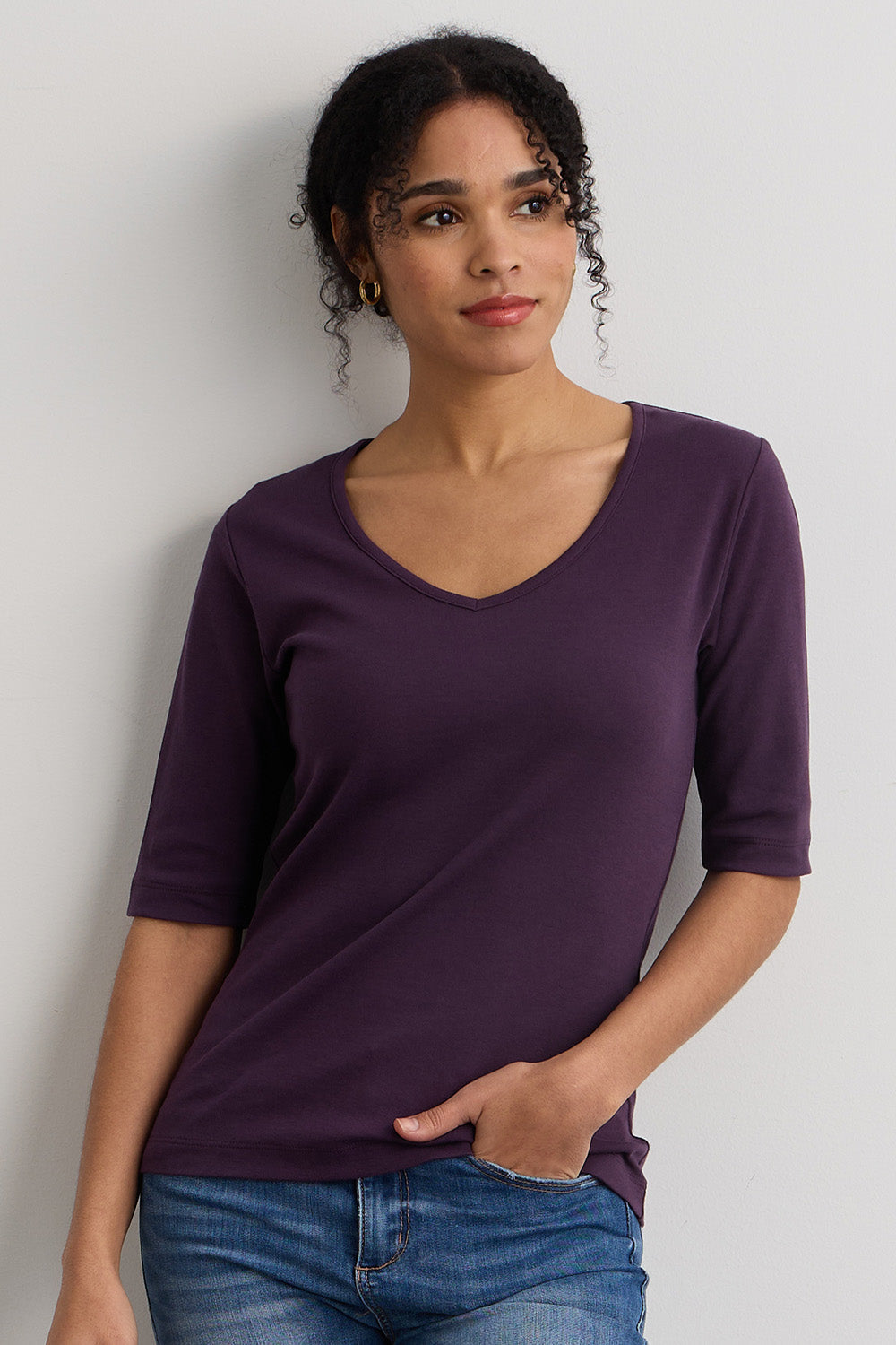 Women's Luxe 100% Cotton Half Sleeve V-neck Top - Eggplant