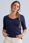 Women's Luxe 100% Cotton Half Sleeve V-neck Top - Navy Blue