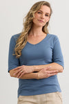 Women's Luxe 100% Organic Cotton Elbow Sleeve V-Neck Top - Storm Blue