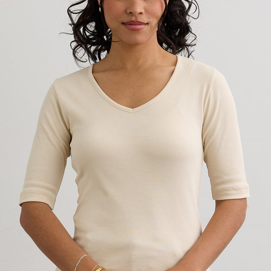 Women's Luxe 100% Organic Cotton Elbow Sleeve V-Neck Top - Undyed