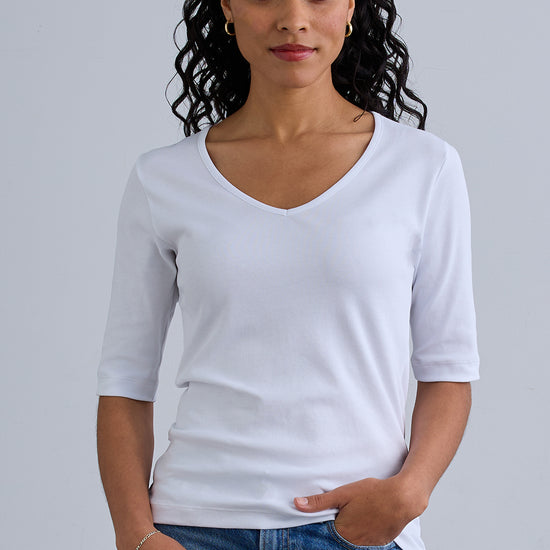 Women's Luxe 100% Organic Cotton Elbow Sleeve V-Neck Top - White
