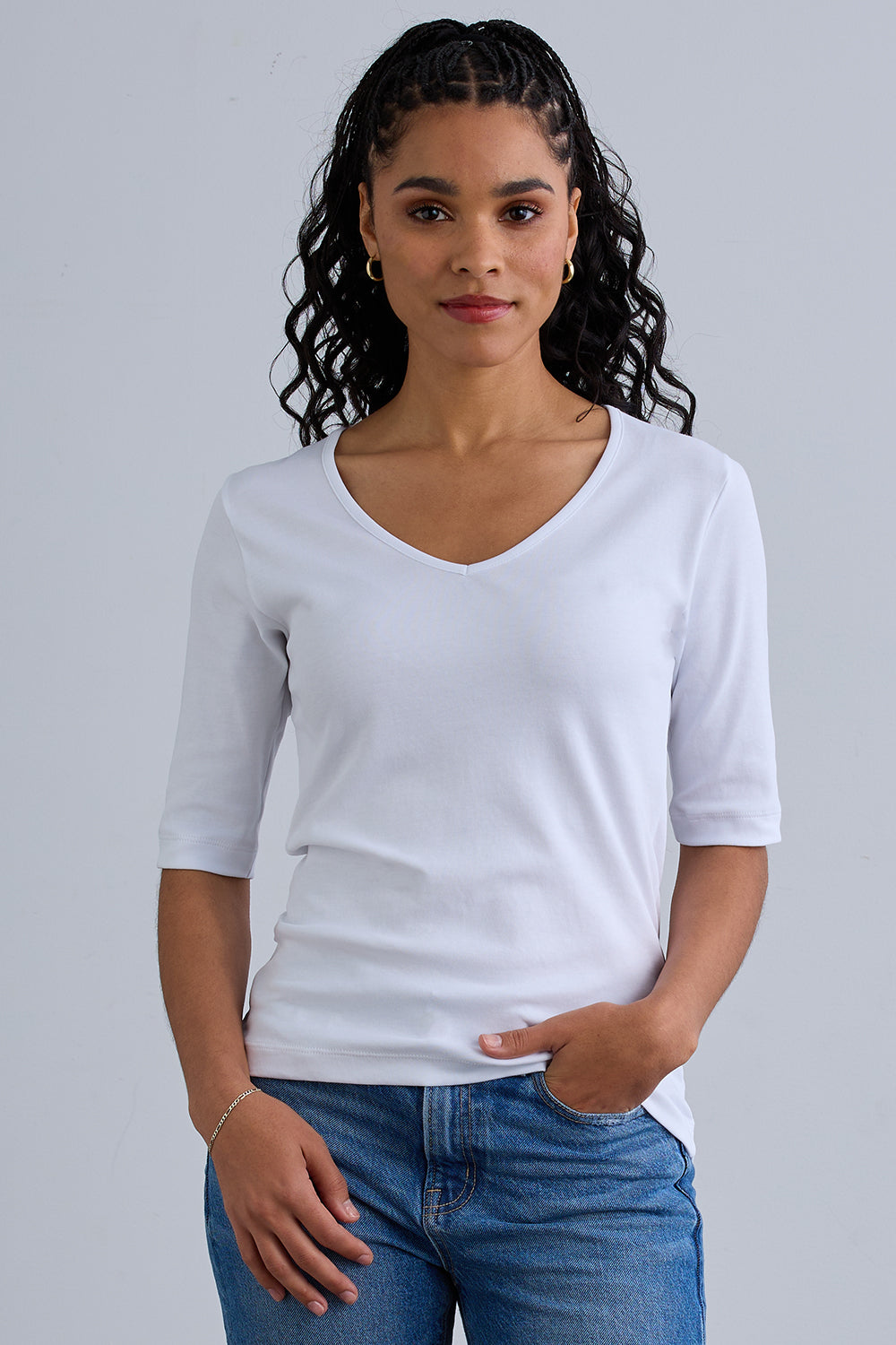 Women's Luxe 100% Organic Cotton Elbow Sleeve V-Neck Top - White
