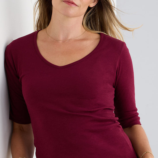 Women's Luxe 100% Organic Cotton Elbow Sleeve V-Neck Top - Wine