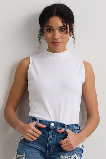 womens organic cotton sleeveless mock neck tee - black - fair indigo fair trade ethically made