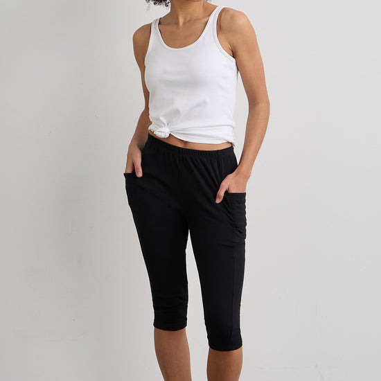 Women's Organic 100% Cotton Capri Leggings with Pockets - Black