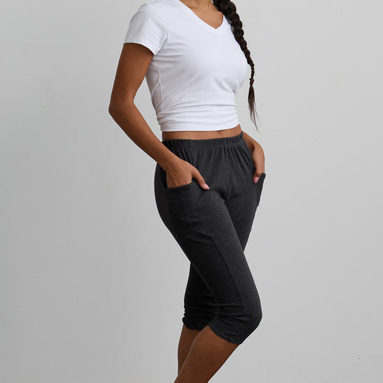 Women's Organic 100% Cotton Capri Leggings with Pockets - Dark Charcoal Heather