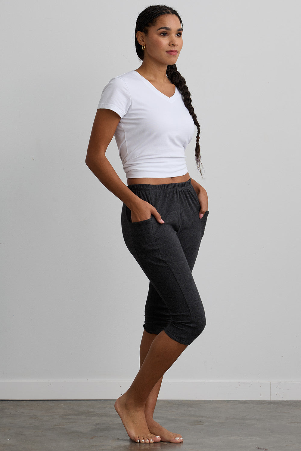 Women's Organic 100% Cotton Capri Leggings with Pockets - Dark Charcoal Heather