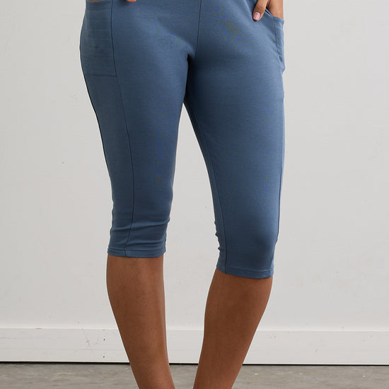 Women's Organic 100% Cotton Capri Leggings with Pockets - Storm Blue