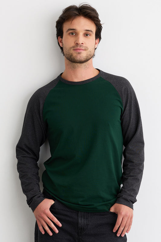 Men's Organic Cotton Raglan Long Sleeve T-Shirt - Charcoal Dark Pine
