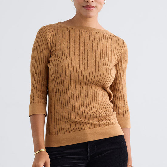 Women's Organic Cotton ¾ Sleeve Cable Boat Neck Sweater - Camel