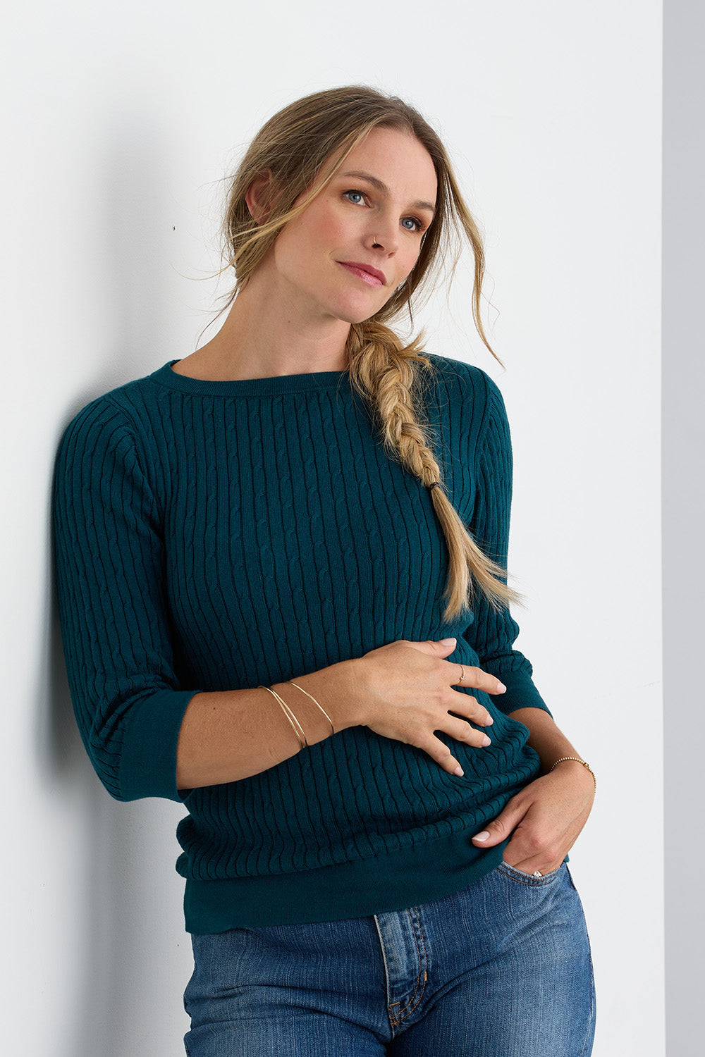 Women's Organic Cotton Cable Knit Boat Neck Sweater - Deep Teal