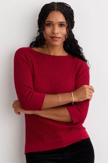 Women's Organic Cotton Cable Knit Boat Neck Sweater - Raspberry