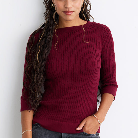 Women's Organic Cotton ¾ Sleeve Cable Boat Neck Sweater - Wine