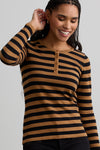 Women's Organic Cotton Stripe Henley Sweater - Black Camel