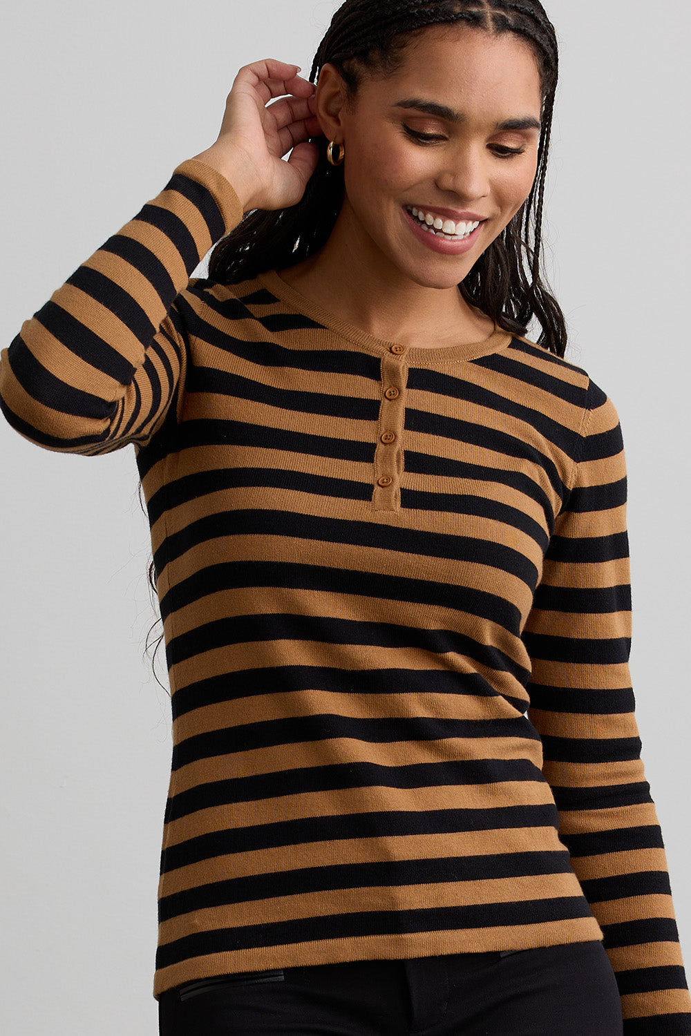 Women's Organic Cotton Stripe Henley Sweater - Black Camel