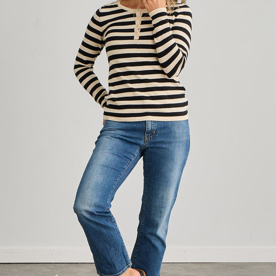 Women's Organic Cotton Stripe Henley Sweater - Black