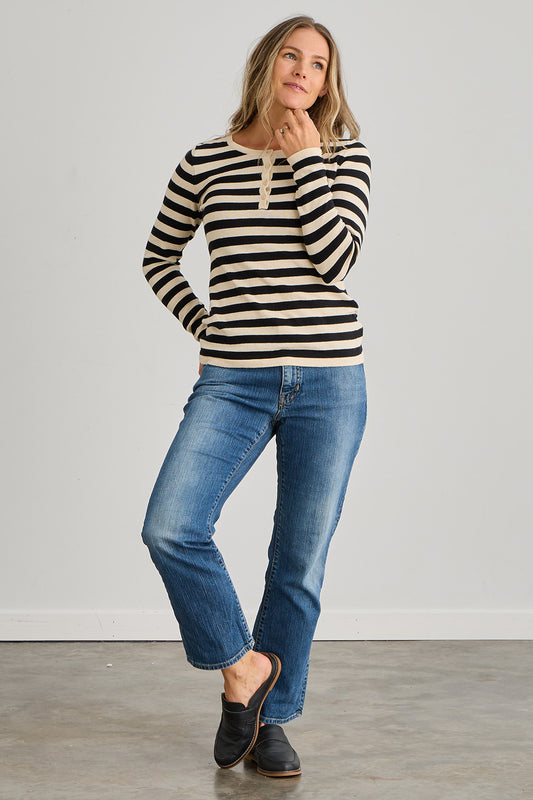 Women's Organic Cotton Stripe Henley Sweater - Black