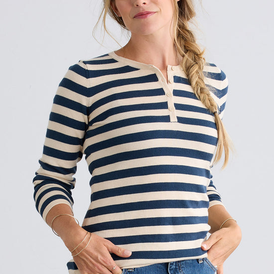 Women's Organic Cotton Stripe Henley Sweater - Indigo Undyed