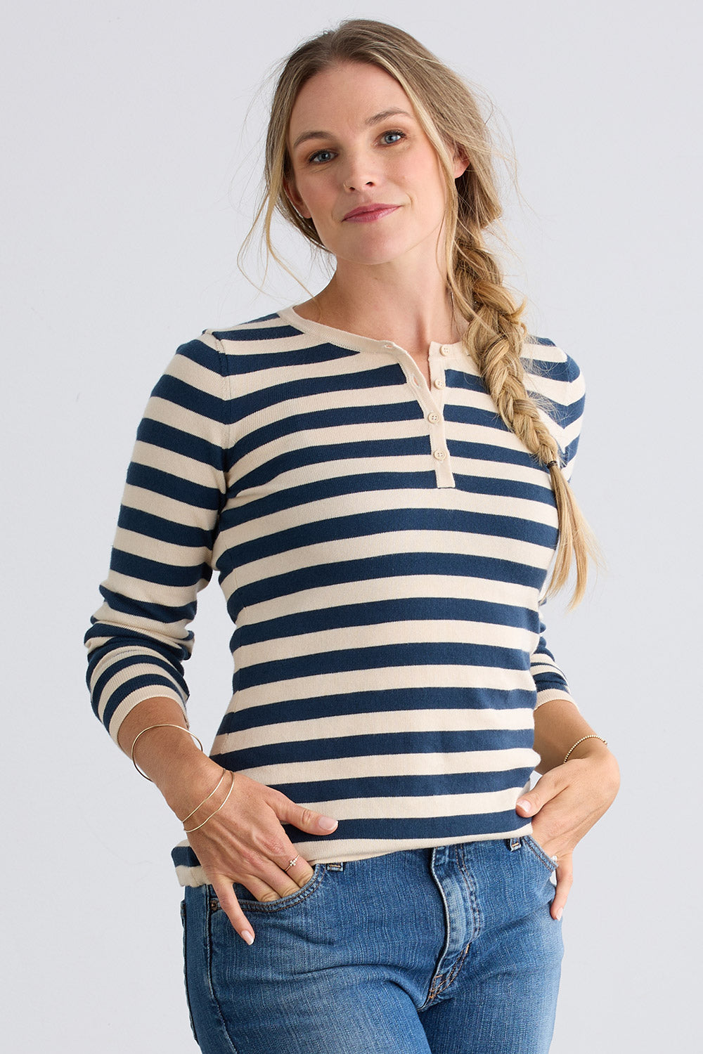 Women's Organic Cotton Stripe Henley Sweater - Indigo Undyed