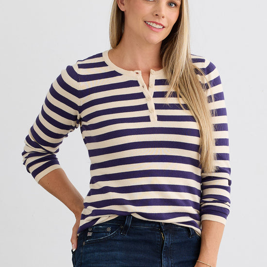 Women's Organic Cotton Stripe Henley Sweater - Violet Blue Undyed