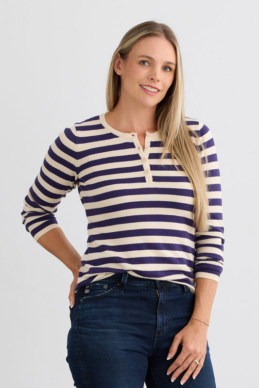 Women's Organic Cotton Stripe Henley Sweater - Violet Blue Undyed