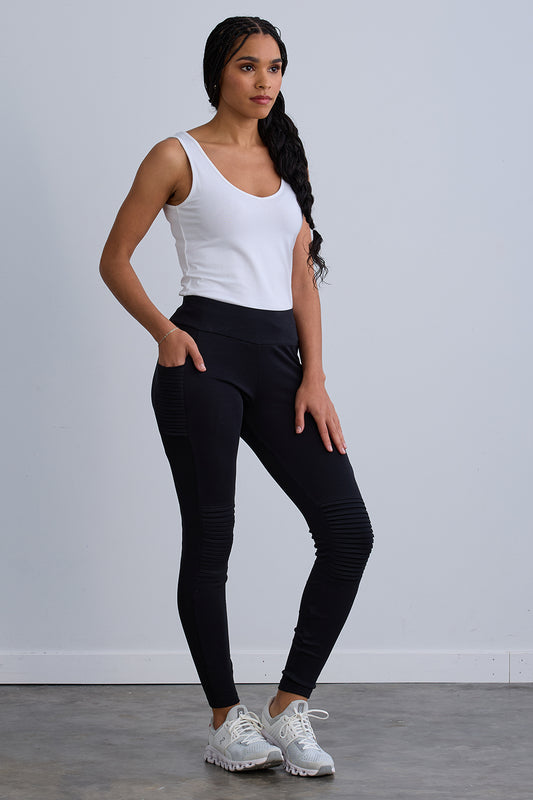 Women's Organic 100% Cotton Seamed Leggings with Pockets - Black