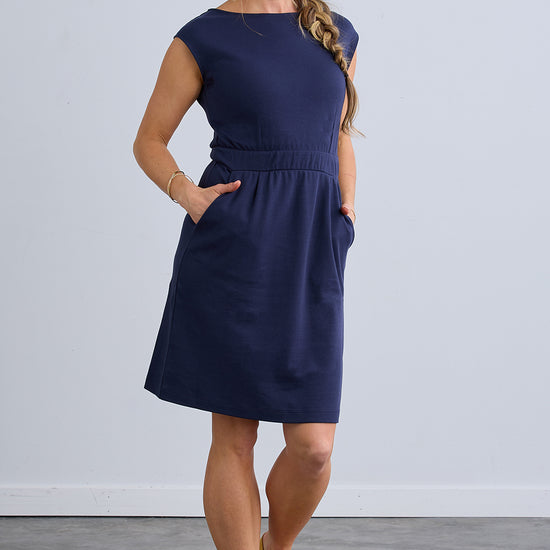 Women's Organic Cotton Cap Sleeve Dress with Pockets - Midnight Navy