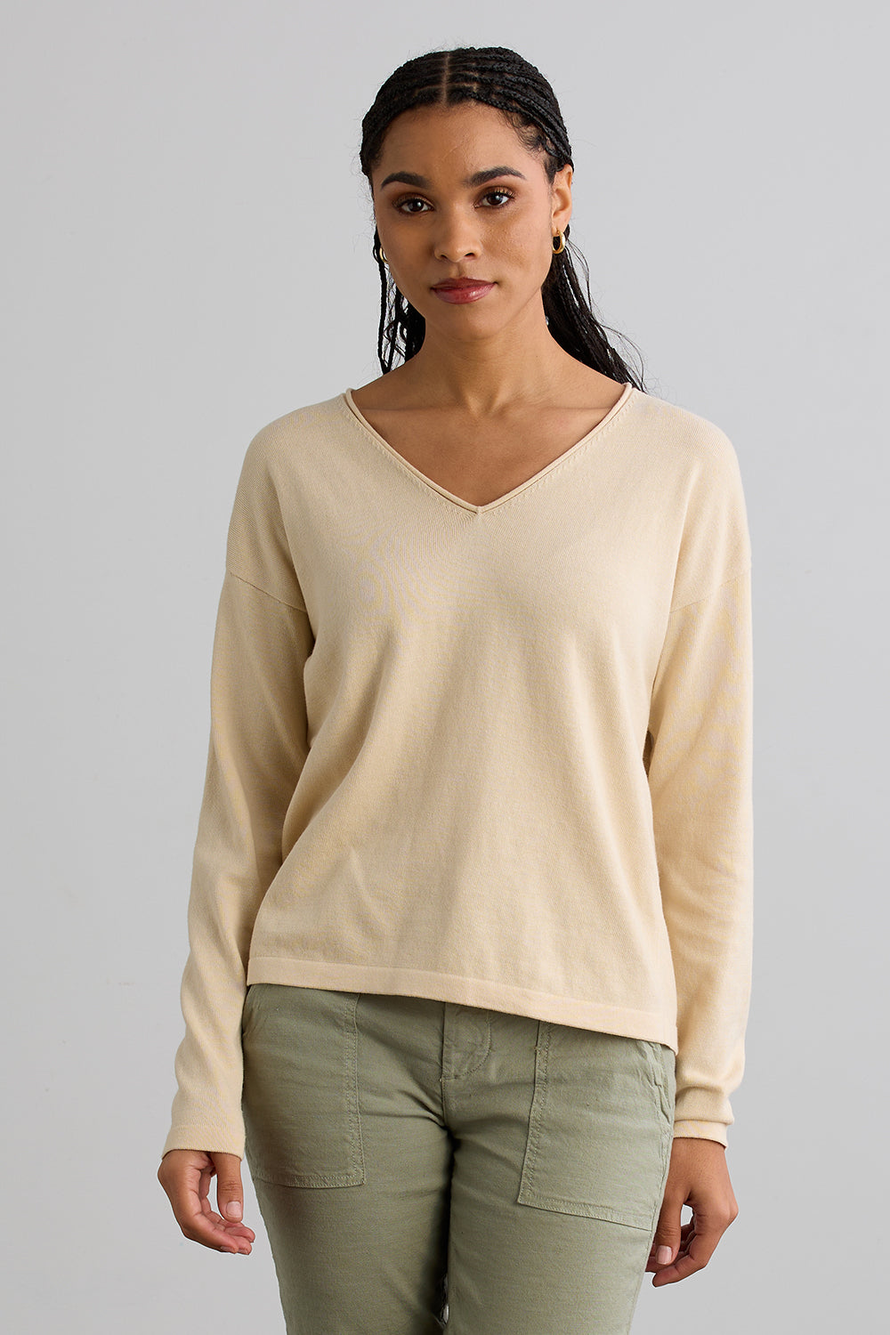 Women's Organic Cotton Relaxed V-Neck Sweater - Undyed