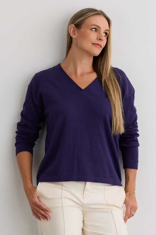 Women's Organic Cotton Relaxed V-Neck Sweater - Violet Blue