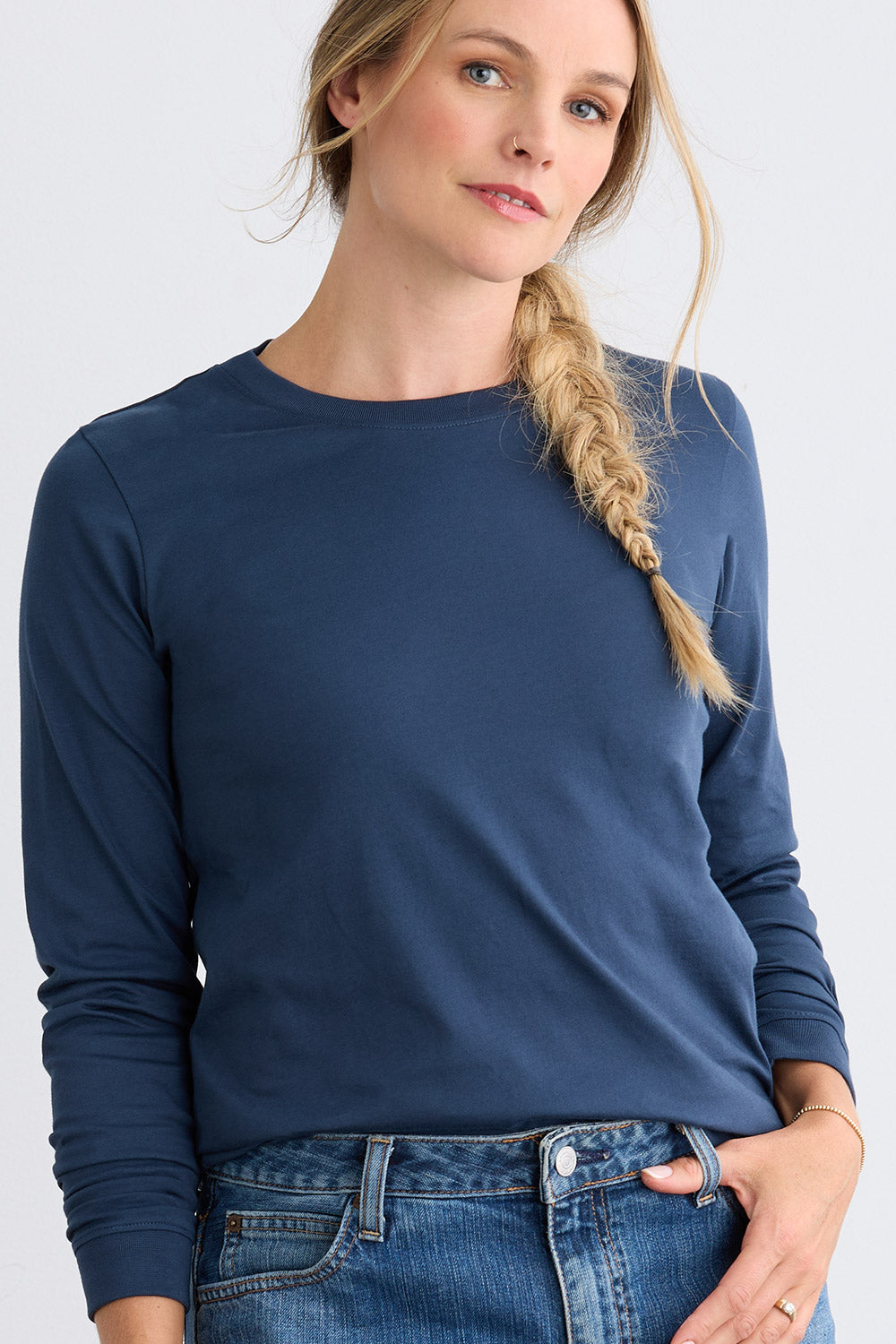 Women's Ultra 100% Organic Cotton Relaxed Long Sleeve Crew Neck T-Shirt - Indigo