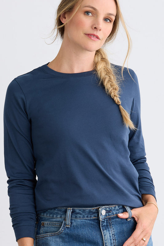 Women's Ultra 100% Organic Cotton Relaxed Long Sleeve Crew Neck T-Shirt - Indigo