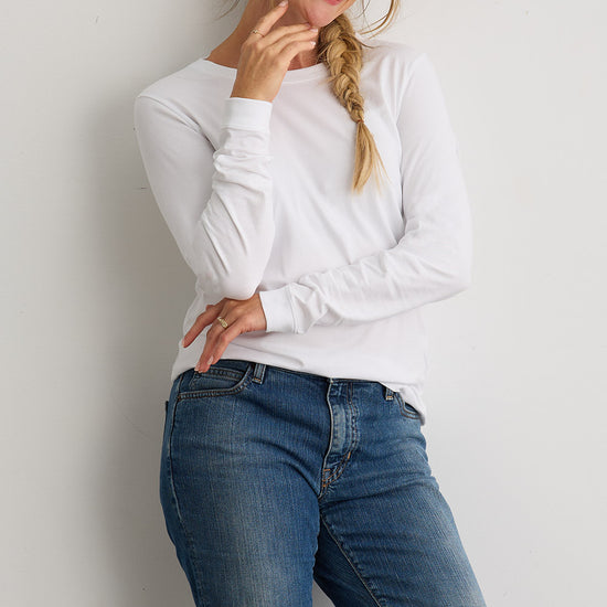 Women's Ultra 100% Organic Cotton Relaxed Long Sleeve Crew Neck T-Shirt - White