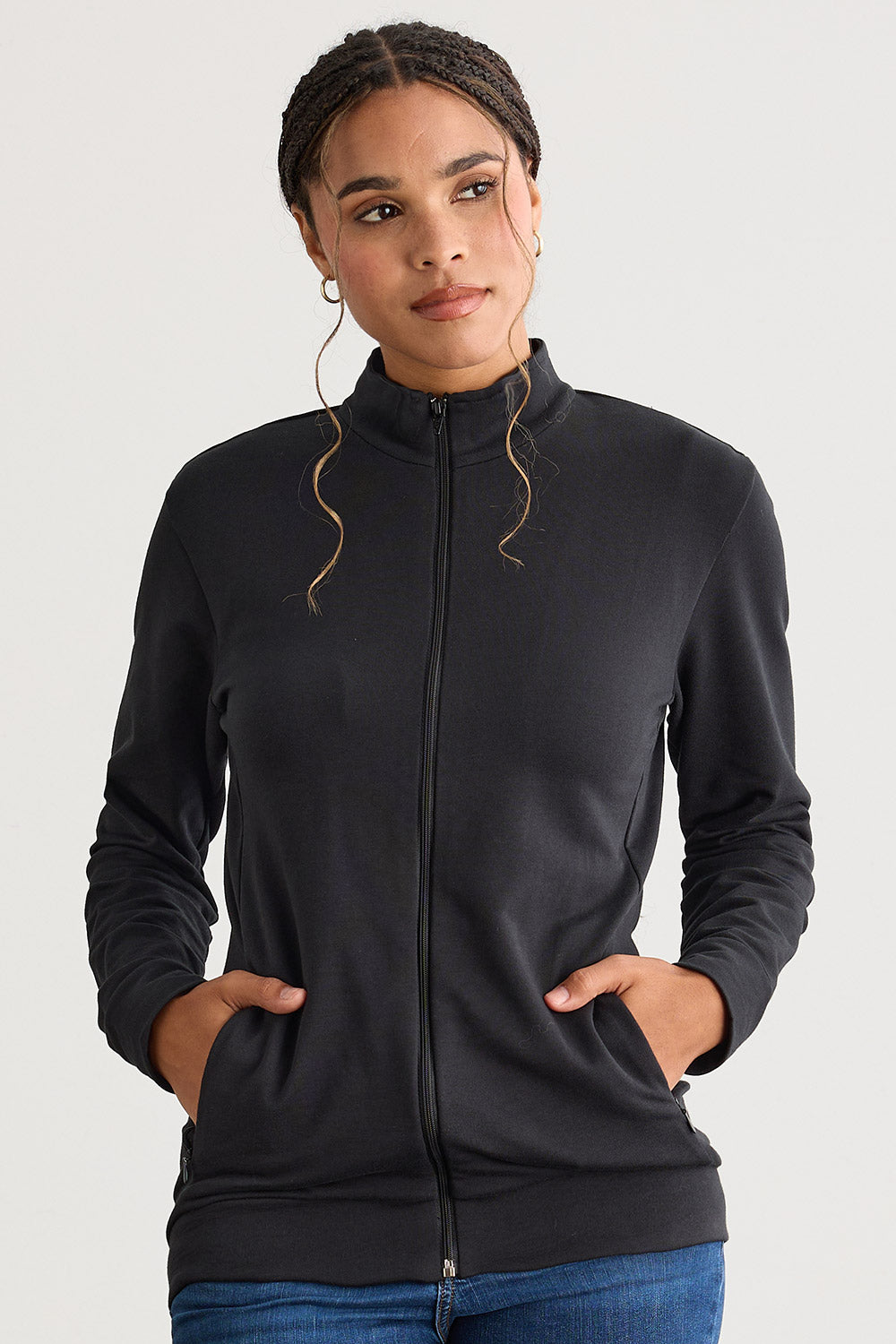 Women's Organic Cotton French Terry Full Zip Jacket - Black